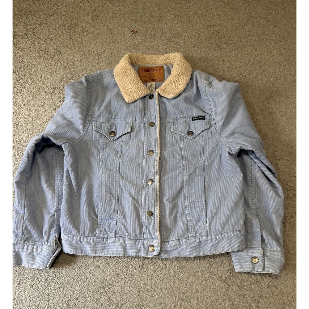 Aeropostale Jacket Mens Large Blue Corduroy Sherpa Lined Trucker Snap Button